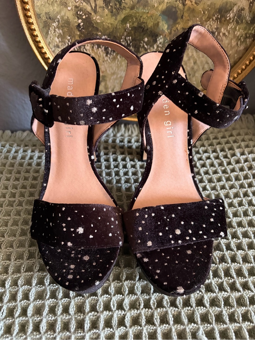 Madden Girl Black Velvet Ankle Strap Heels with Silver Speckle